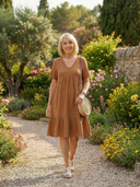 Women's Solid Tiered Knee Length Dress – V Neck Short Sleeve Casual Summer