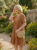 Women's Solid Tiered Knee Length Dress – V Neck Short Sleeve Casual Summer