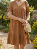 Women's Solid Tiered Knee Length Dress – V Neck Short Sleeve Casual Summer