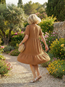 Women's Solid Tiered Knee Length Dress – V Neck Short Sleeve Casual Summer
