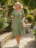 Women's Solid Tiered Knee Length Dress – V Neck Short Sleeve Casual Summer