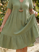 Women's Solid Tiered Knee Length Dress – V Neck Short Sleeve Casual Summer