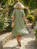 Women's Solid Tiered Knee Length Dress – V Neck Short Sleeve Casual Summer