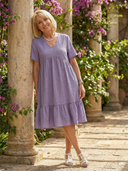 Women's Solid Tiered Knee Length Dress – V Neck Short Sleeve Casual Summer