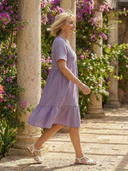 Women's Solid Tiered Knee Length Dress – V Neck Short Sleeve Casual Summer