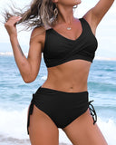 Women's Solid Two Piece Bikini Set – Wrap Crop Top High Waist Swimsuit Beach