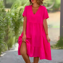 Women's Solid V Neck Midi Dress – Short Sleeve Tiered Loose Summer Dress