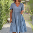 Women's Solid V Neck Midi Dress – Short Sleeve Tiered Loose Summer Dress