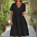 Women's Solid V Neck Midi Dress – Short Sleeve Tiered Loose Summer Dress