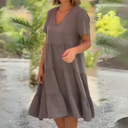 Women's Solid V Neck Midi Dress – Short Sleeve Tiered Loose Summer Dress