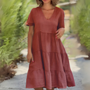 Women's Solid V Neck Midi Dress – Short Sleeve Tiered Loose Summer Dress