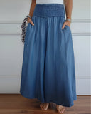 Women's Solid Wide Leg Pants – Smocked High Waist Side Pockets Casual Pants