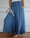Women's Solid Wide Leg Pants – Smocked High Waist Side Pockets Casual Pants
