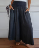 Women's Solid Wide Leg Pants – Smocked High Waist Side Pockets Casual Pants