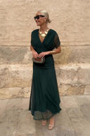 Women's Solid Wrap Maxi Dress – V Neck Short Sleeve Ruched Waist Wedding Guest