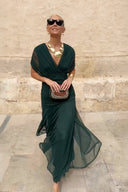 Women's Solid Wrap Maxi Dress – V Neck Short Sleeve Ruched Waist Wedding Guest
