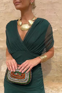 Women's Solid Wrap Maxi Dress – V Neck Short Sleeve Ruched Waist Wedding Guest