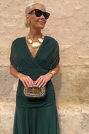 Women's Solid Wrap Maxi Dress – V Neck Short Sleeve Ruched Waist Wedding Guest