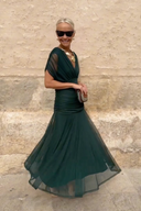Women's Solid Wrap Maxi Dress – V Neck Short Sleeve Ruched Waist Wedding Guest