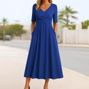Women's Solid Wrap Midi Dress – V Neck Short Sleeve Ruched Waist A-Line Pockets