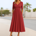 Women's Solid Wrap Midi Dress – V Neck Short Sleeve Ruched Waist A-Line Pockets