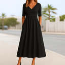 Women's Solid Wrap Midi Dress – V Neck Short Sleeve Ruched Waist A-Line Pockets
