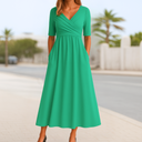 Women's Solid Wrap Midi Dress – V Neck Short Sleeve Ruched Waist A-Line Pockets