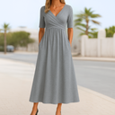 Women's Solid Wrap Midi Dress – V Neck Short Sleeve Ruched Waist A-Line Pockets