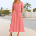 Women's Solid Wrap Midi Dress – V Neck Short Sleeve Ruched Waist A-Line Pockets