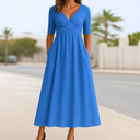 Women's Solid Wrap Midi Dress – V Neck Short Sleeve Ruched Waist A-Line Pockets