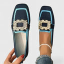 Women's Square Toe Knit Loafers – Two Tone Gold Buckle Slip On Flat Shoes