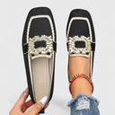 Women's Square Toe Knit Loafers – Two Tone Gold Buckle Slip On Flat Shoes