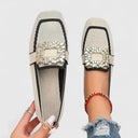 Women's Square Toe Knit Loafers – Two Tone Gold Buckle Slip On Flat Shoes