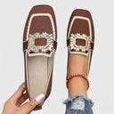 Women's Square Toe Knit Loafers – Two Tone Gold Buckle Slip On Flat Shoes
