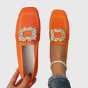 Women's Square Toe Knit Loafers – Two Tone Gold Buckle Slip On Flat Shoes