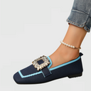 Women's Square Toe Knit Loafers – Two Tone Gold Buckle Slip On Flat Shoes