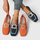 Women's Square Toe Knit Loafers – Two Tone Gold Buckle Slip On Flat Shoes
