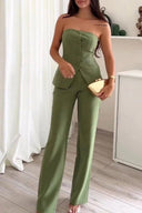 Women's Strapless Buttoned Two-Piece Set – Tailored Crop Top Wide Leg Trousers