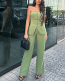 Women's Strapless Buttoned Two-Piece Set – Tailored Crop Top Wide Leg Trousers