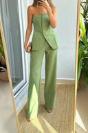 Women's Strapless Buttoned Two-Piece Set – Tailored Crop Top Wide Leg Trousers