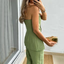 Women's Strapless Buttoned Two-Piece Set – Tailored Crop Top Wide Leg Trousers