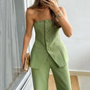 Women's Strapless Buttoned Two-Piece Set – Tailored Crop Top Wide Leg Trousers