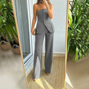 Women's Strapless Buttoned Two-Piece Set – Tailored Crop Top Wide Leg Trousers