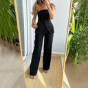 Women's Strapless Buttoned Two-Piece Set – Tailored Crop Top Wide Leg Trousers