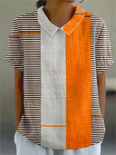Women's Stripe Color Block Print Top – Collared Short Sleeve Casual Everyday Shirt