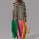 Women's Stripe Colorblock Midi – V Neck 3/4 Sleeve Gathered Waist Casual Dress