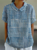 Women's Stripe Patchwork Print Top – Collared Short Sleeve Casual Everyday Shirt