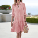 Women's Stripe Shirt Midi – Collar 3/4 Sleeve Button Down Tiered Summer Dress