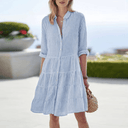 Women's Stripe Shirt Midi – Collar 3/4 Sleeve Button Down Tiered Summer Dress
