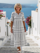 Women's Stripe Tiered Maxi – Split Neck Short Sleeve Boho Summer Swing Dress